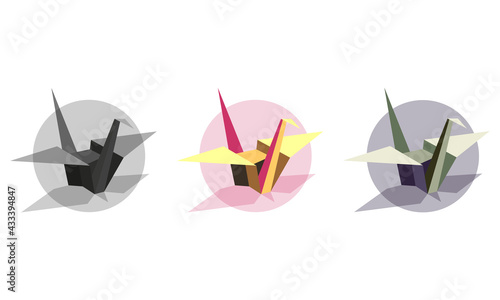 Origami crane in colorful collage style. With circle/sun background and shadow. 