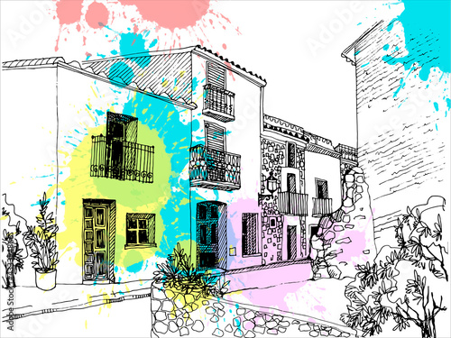 Old street in romantic Oropesa, Spain. Urban background in hand drawn sketch style. Ink line drawing. Vector illustration on white photo