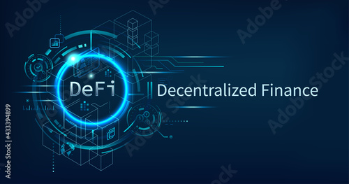 DeFi Decentralized Finance banner for decentralized financial system, cryptocurrency, blockchain, and digital asset. Futuristic vector landing page concept background.