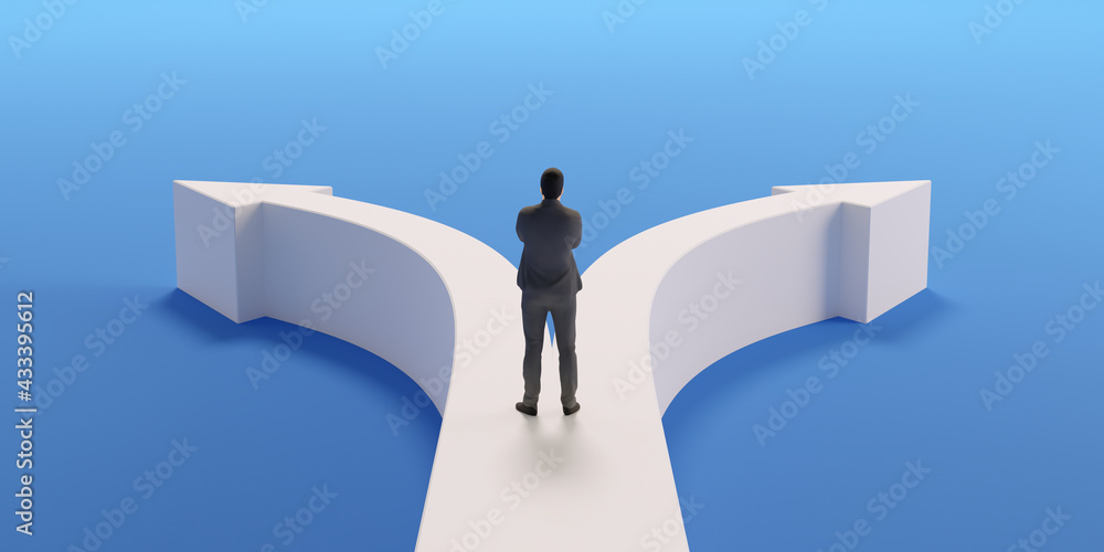 Obraz premium 分岐する矢印とビジネスマンの3Dグラフィックス / ビジネスの選択肢・異なる方向性・分岐する未来のコンセプトイメージ