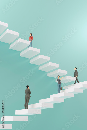 階段を上るビジネスマンの3Dレンダリンググラフィックス / ステップアップ・上昇志向・継続的努力のコンセプトイメージ 