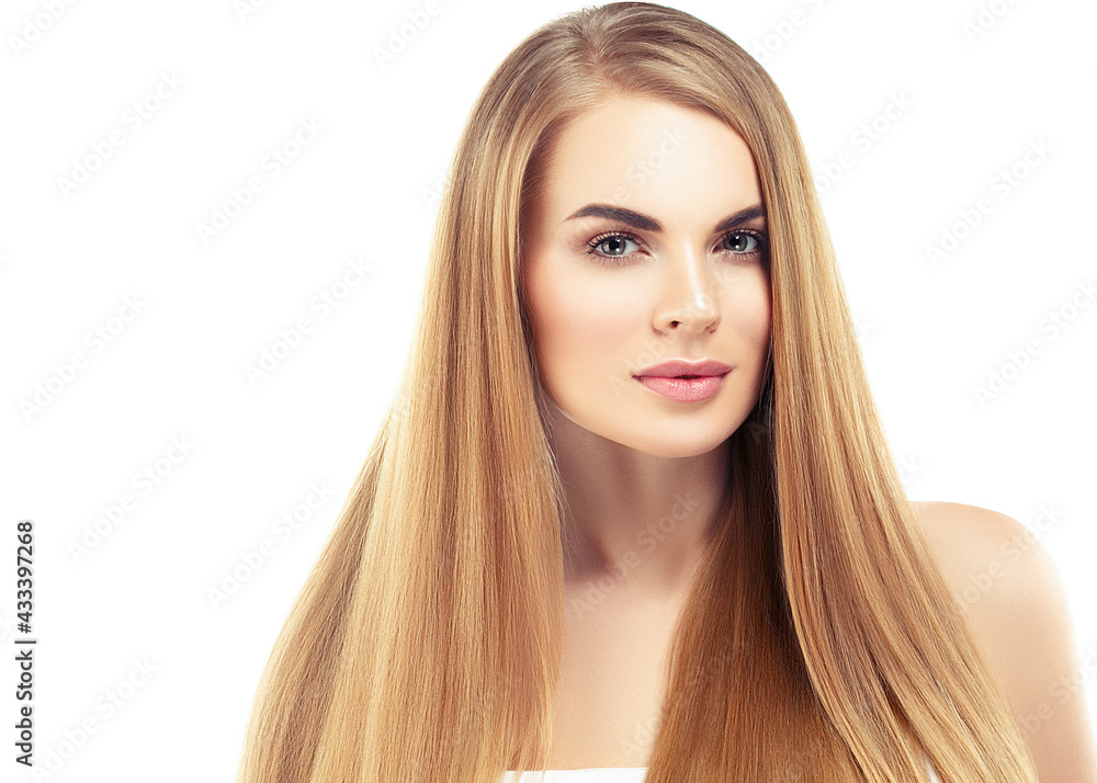 Naklejka premium Beautiful woman long healthy blonde hair beauty skin perfect eye lashes isolated on white