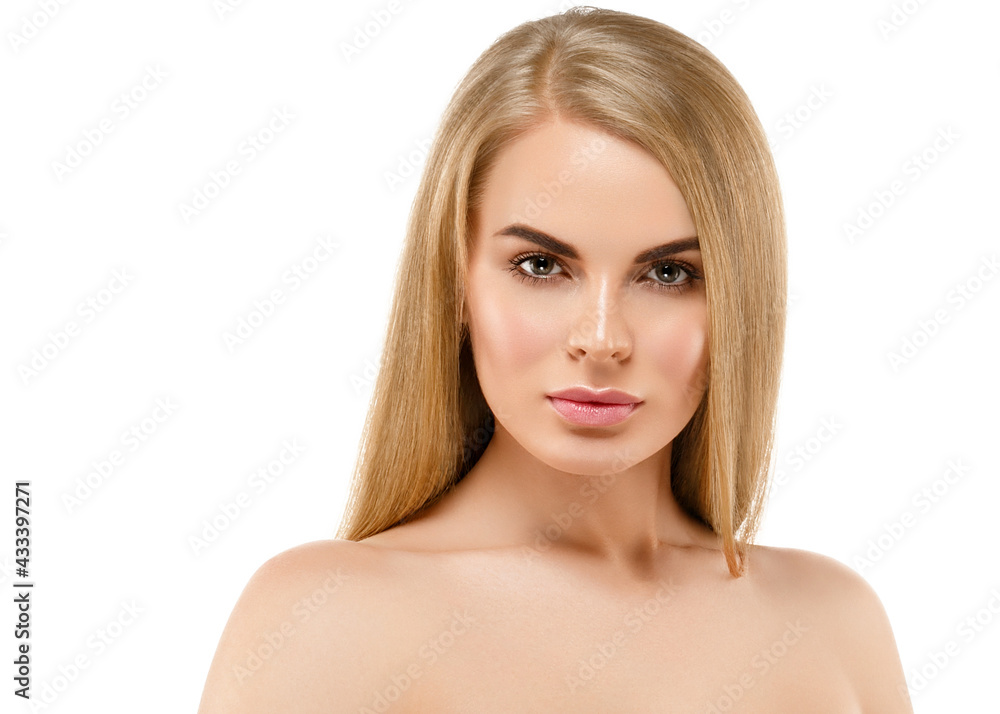 Fototapeta premium Beautiful woman with long healthy blonde hair beauty skin perfect eye lashes