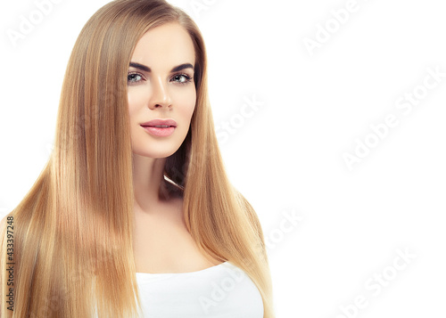 Beautiful woman with long healthy blonde hair beauty skin perfect eye lashes