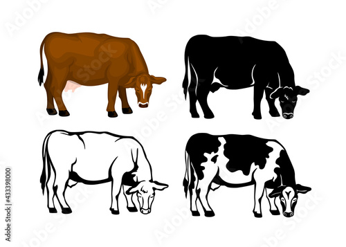 Grazing Cow in brown color, contour and patched silhouette set