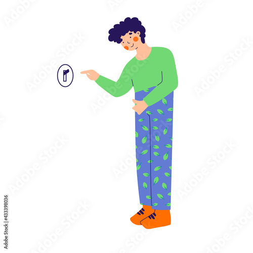 Guy turns off light, the switch cartoon vector illustration. Cartoon character on light backdrop