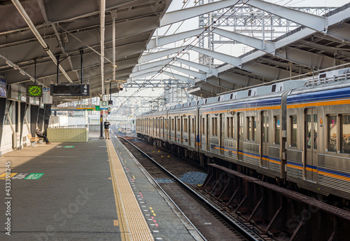 OSAKA, JAPAN - MAR 29, 2020: NANKAI Express Train at Shin-Imamiya Station. The rail transport system of Nankai Main Line connects Osaka to Wakayama.