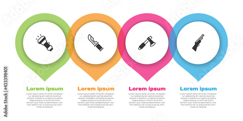 Set Flashlight, Hunter knife, Wooden axe and Hunting gun. Business infographic template. Vector