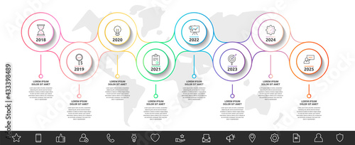 Modern and line vector infographic with icons and 8 steps. Circles with thin lines for the application, website, interface, chart, levels, diagram, banner, presentations on a white isolated background