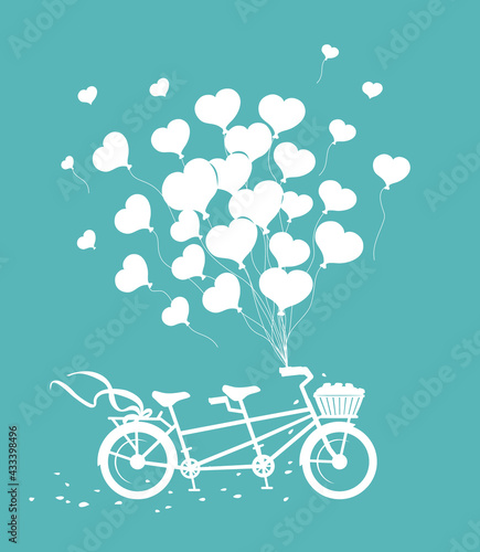 Romantic Tandem Bike with hearts balloons silhouette