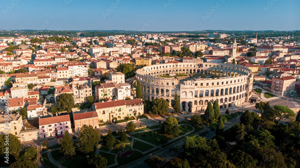 Aerial view of Pula, Croatia with the amphitheater