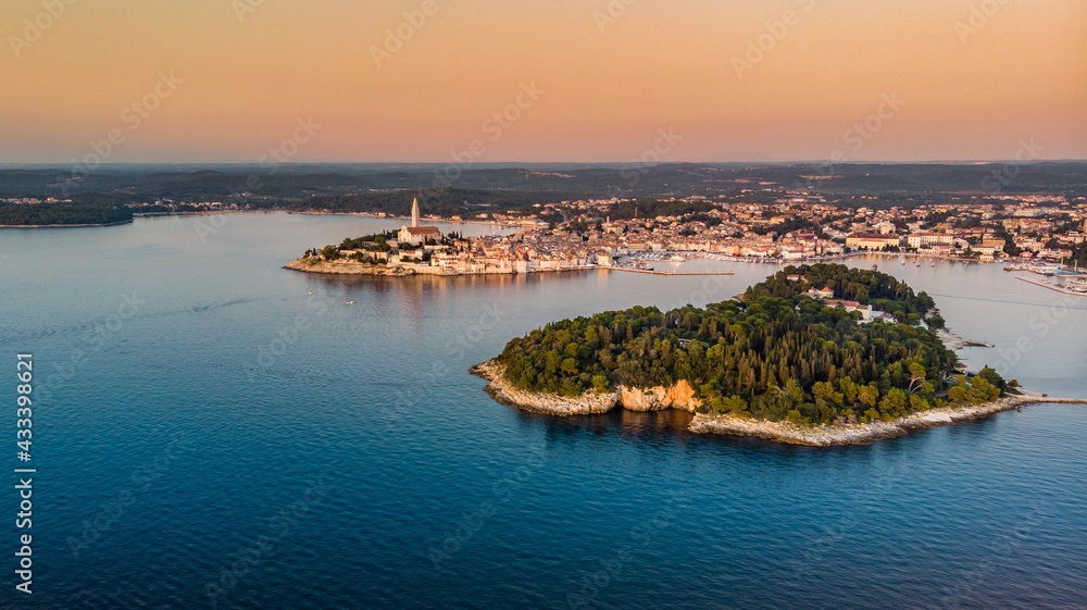 Aerial view of Istrian Town Rovinj, Croatia at the sunset.
