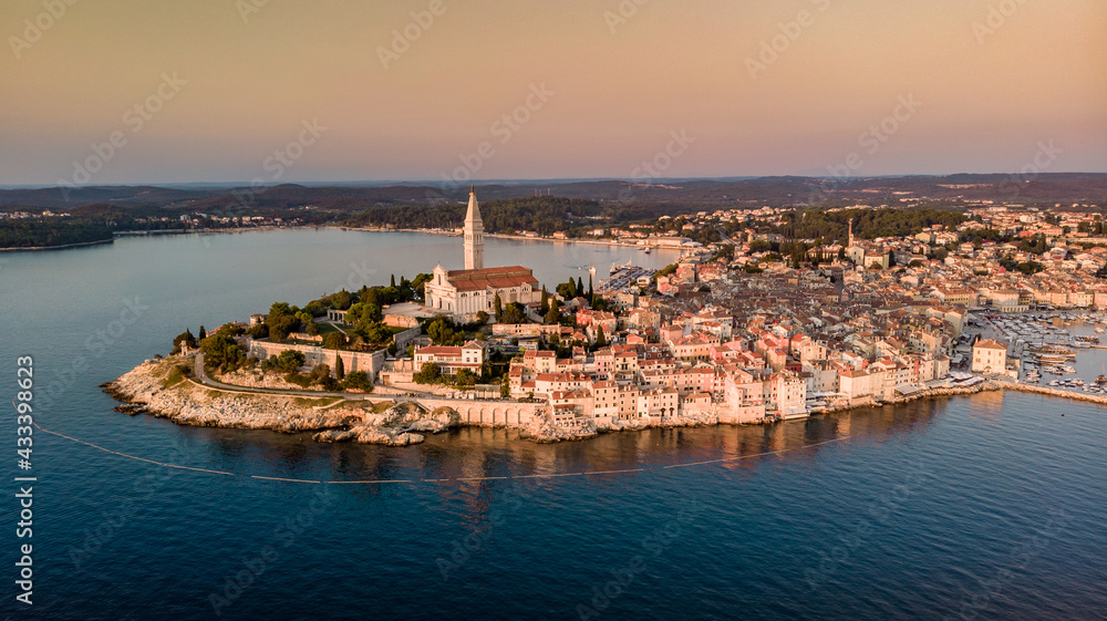 Aerial view of Istrian Town Rovinj, Croatia at the sunset. Church of St. Euphemia in the backhround.
