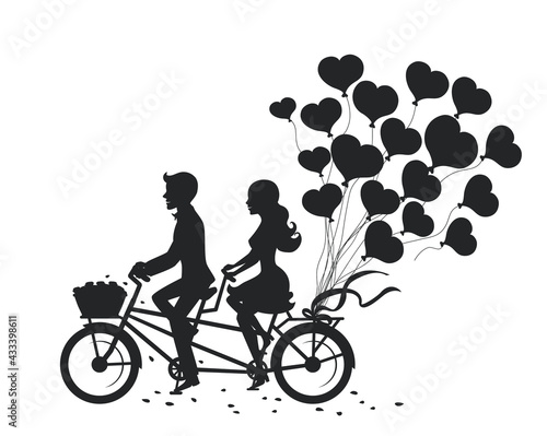 Romantic couple man and woman on a date driving bike with heart balloons silhouette