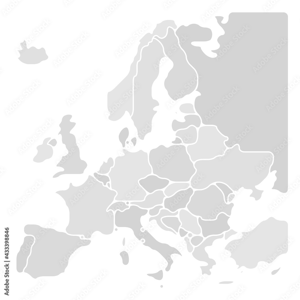 Obraz premium Simplified map of Europe. Rounded shapes of states with smoothed border. Grey simple flat blank vector map.
