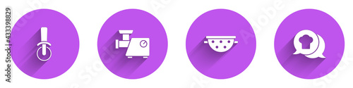 Set Pizza knife, Kitchen meat grinder, colander and Chef hat speech bubble icon with long shadow. Vector