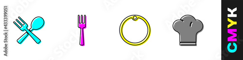 Set Crossed fork and spoon, Fork, Cutting board and Chef hat icon. Vector