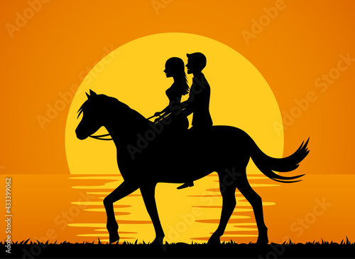 Romantic background with couple riding horse on the beach at sunset silhouette vector illustration