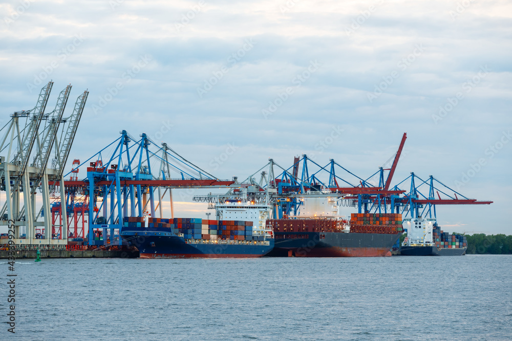 2 Container ships at Port Hamburg with cranes