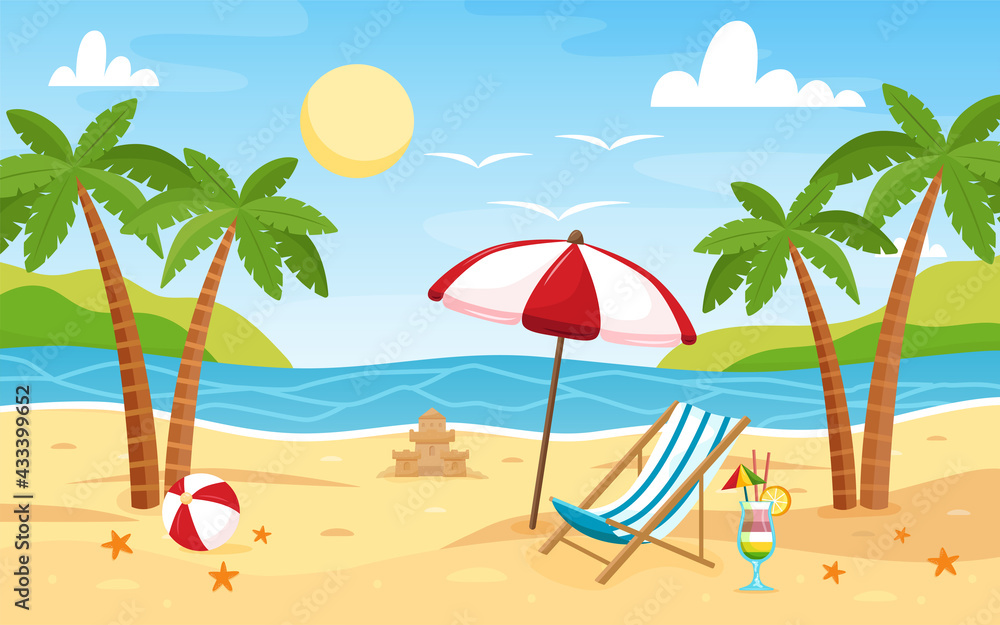 Deck chair and beach umbrella on the sand coast. Beach landscape. Sea background. Colorful summer design. Blank for postcards and banners. Illustration in flat style