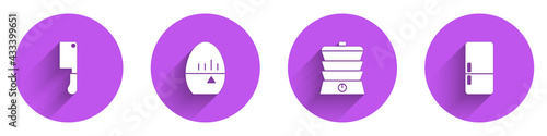 Set Meat chopper, Kitchen timer, Slow cooker and Refrigerator icon with long shadow. Vector