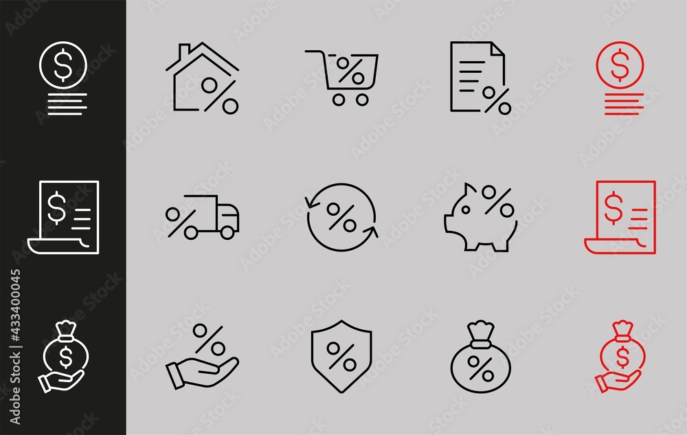 Credit Set Vector Line Icons Contains Icons of Percentage, Investment, Piggy Bank Percentage, Rates, Loan Interest, Business and more. Editable stroke, isolated icons