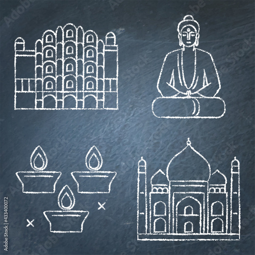 India chalkboard icons set in line style