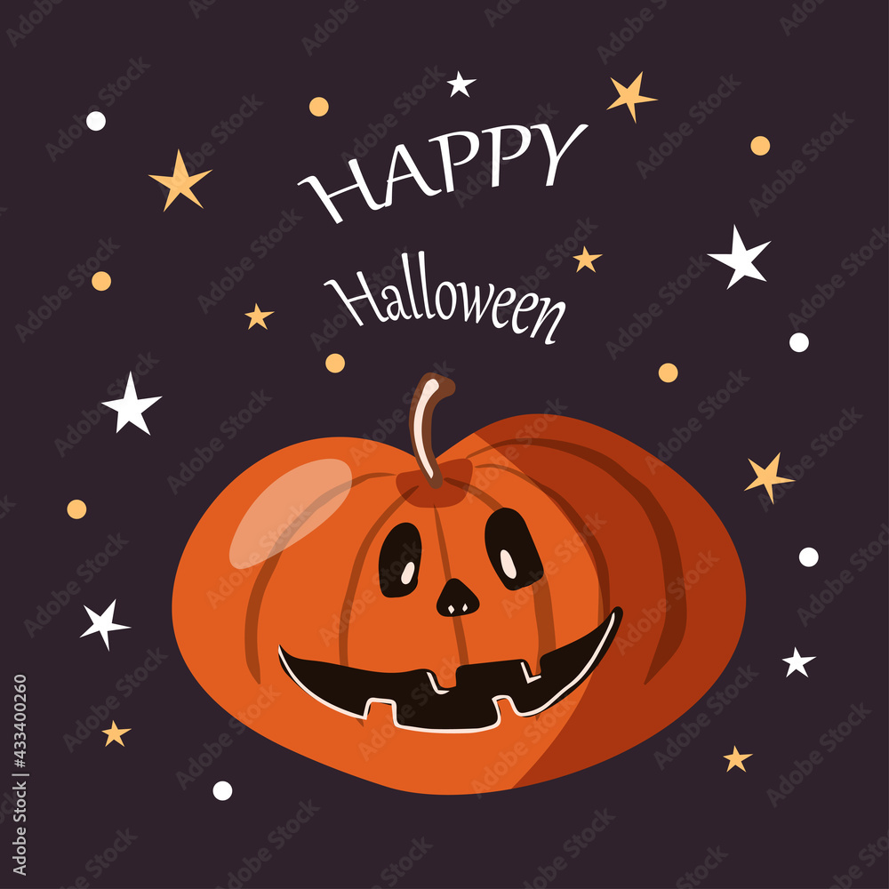 Halloween party card template. Abstract helloween pumpkin on purple background for greeting card design, party invitation, menu, poster etc. Vector illustration