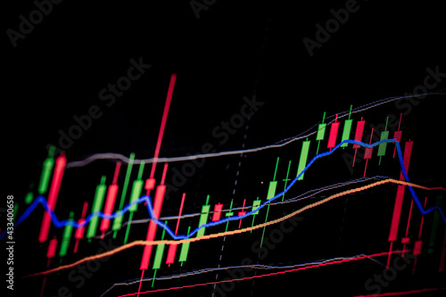 A stock market graph over the dark background. 