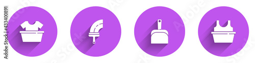 Set Basin with shirt, Rubber cleaner for windows, Dustpan and icon with long shadow. Vector