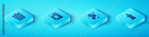 Set Isometric Trash can, Washer, Bottle for cleaning agent and Soap water bubbles icon. Vector