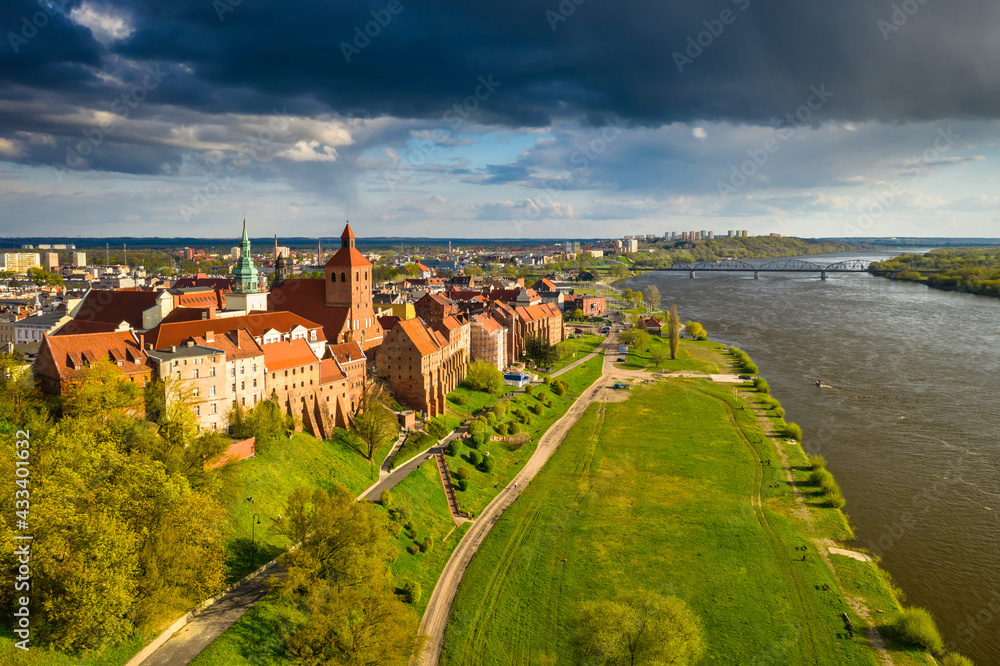 Grudziądz city over the Vistula River in the afternoon sun. Poland
