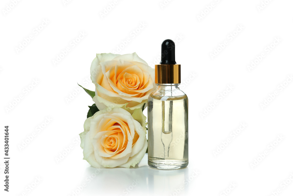 Rose essential oil isolated on white background Rose essential oil isolated on white background