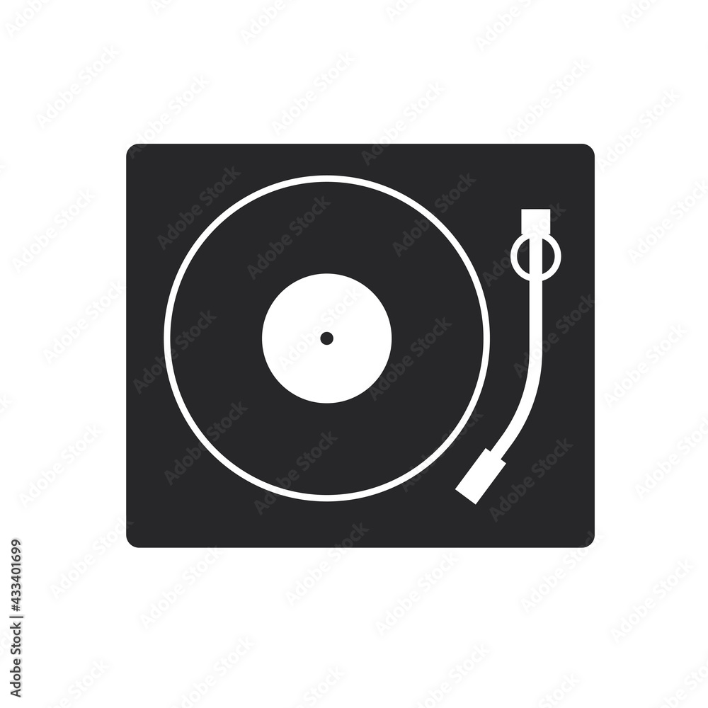 Obraz premium Vector flat design black filled style gramophone with record. Vinyl disc web icon.