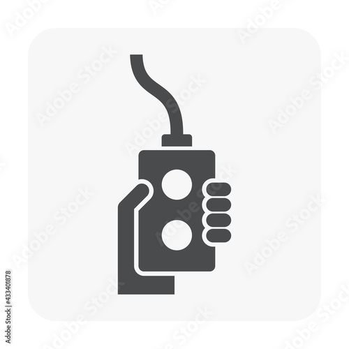 Remote control vector icon. Include hand of operator, button, cable. For control, operate, adjust industrial machine i.e. electric lifting hoist trolley of overhead crane, winch, roller shutter, door.
