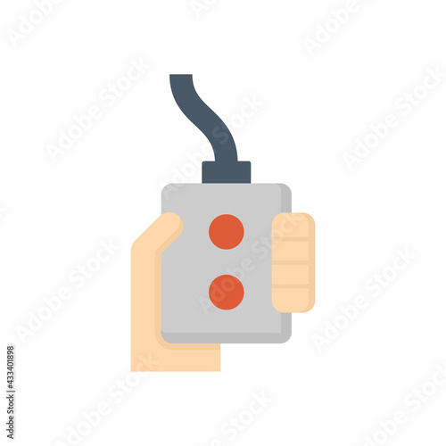 Remote control vector icon. Include hand of operator, button, cable. For control, operate, adjust industrial machine i.e. electric lifting hoist trolley of overhead crane, winch, roller shutter, door.