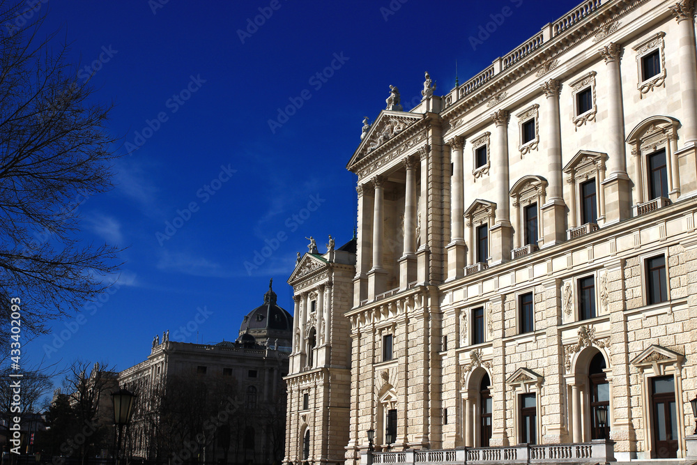 View of the neoclassical facade of Neue Burg (New Castle), seat of the National Library and the Museum of Art History, in Vienna, Austria.