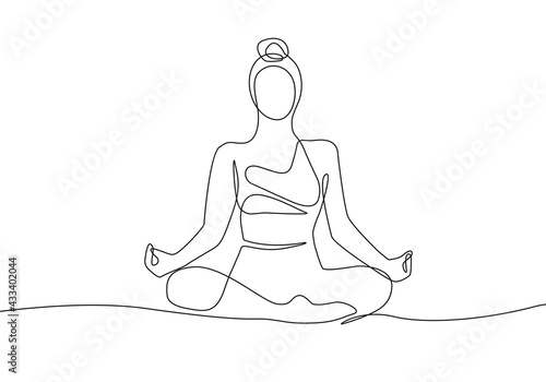 Line Art Woman Pose Lotus Yoga. Female Yoga Minimalistic Black Lines Drawing. Abstract Pose Lotus Continuous One Line Drawing. Modern Vector Illustration.