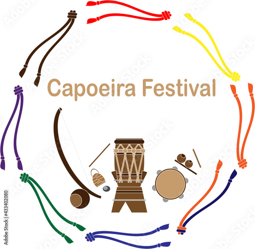 Capoeira festival clipart, t-shirt, web design. Capoeira instruments rounded by colored belts. Capoeira batizado ceremony and grade change. Brasilian culture and art