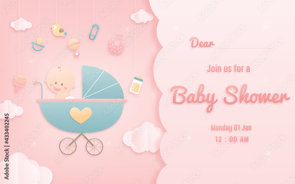Vector illustration for baby boy shower card on pink background, cute design Papercraft babysitting in Stroller background, Cute papercraft and paper cut style. Vector illustration for baby boy shower card on pink background, cute design Papercraft babysitting in Stroller background, Cute papercraft and paper cut style.