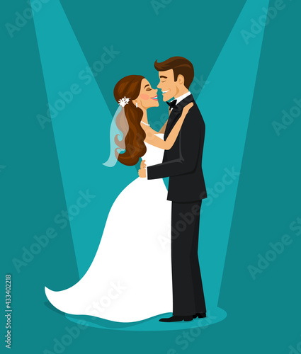 Just married happy couple bride and groom hugging each other vector illustration