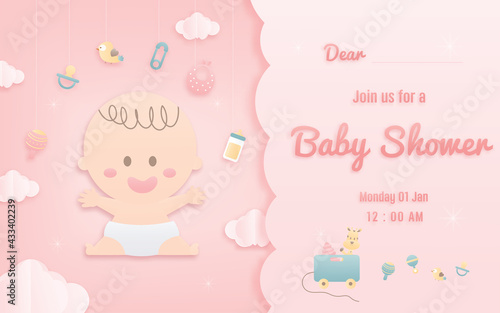 Vector illustration for baby boy shower card on pink background, cute design Papercraft babysitting in Stroller background, Cute papercraft and paper cut style.