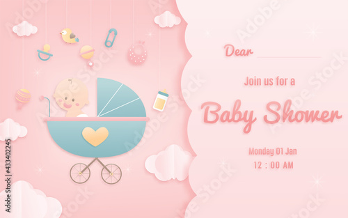 Vector illustration for baby boy shower card on pink background, cute design Papercraft babysitting in Stroller background, Cute papercraft and paper cut style.