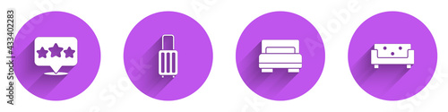 Set Five stars rating review, Suitcase, Hotel room bed and Sofa icon with long shadow. Vector