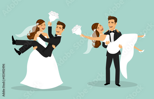 Just married funny couple, bride and groom carry each other after wedding ceremony