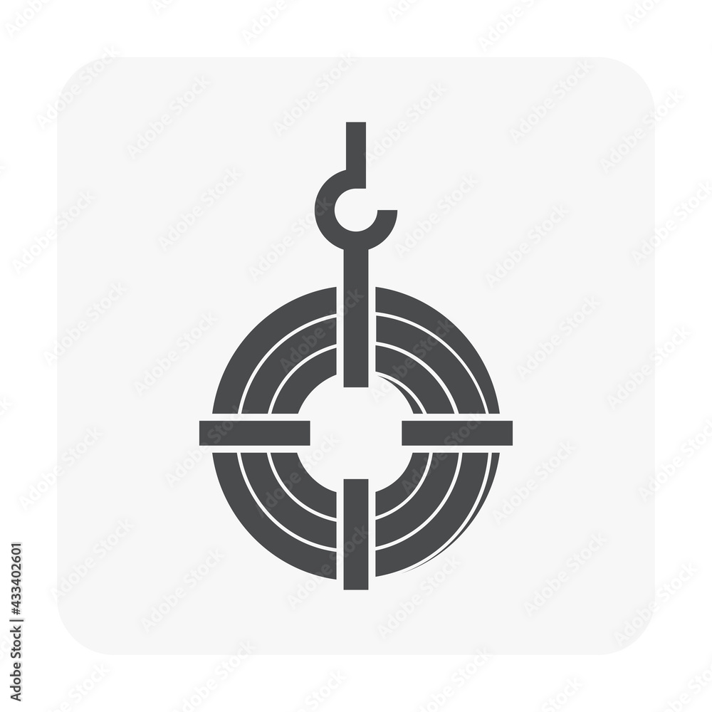 Roll steel, steel coil or sheet metal vector icon. Industrial product manufacturing, production from hot cold process. Hanging on crane hook in factory. Raw materials for construction, machine part. Roll steel, steel coil or sheet metal vector icon. Industrial product manufacturing, production from hot cold process. Hanging on crane hook in factory. Raw materials for construction, machine part.