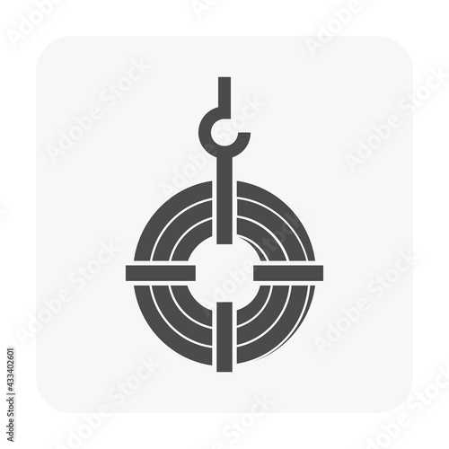 Roll steel, steel coil or sheet metal vector icon. Industrial product manufacturing, production from hot cold process. Hanging on crane hook in factory. Raw materials for construction, machine part.