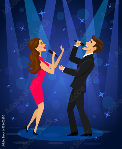 Elegant couple singing karaoke on stage in club under spot light