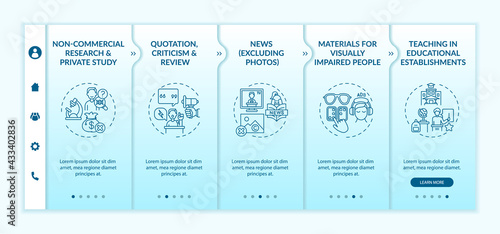 Special cases to copyright onboarding vector template. Responsive mobile website with icons. Web page walkthrough 5 step screens. Materials for blind people color concept with linear illustrations
