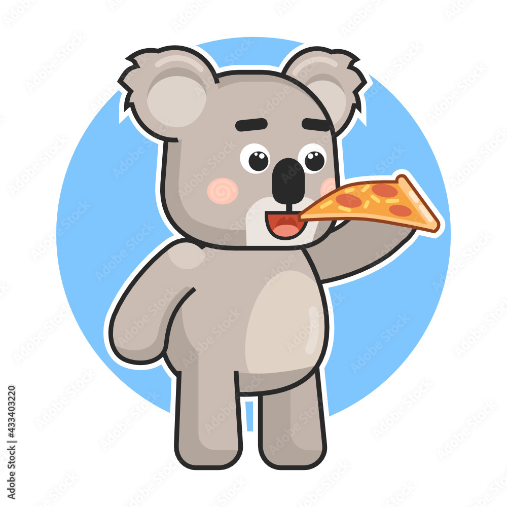 Cute koala bear eat pizza pie. Koala eat fast food logo. Modern vector
